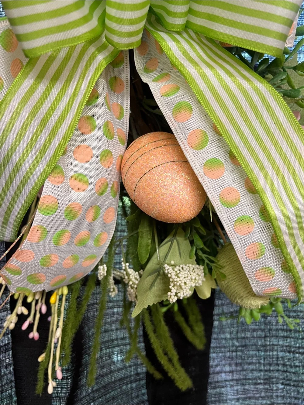 Spring Boxwood Wreath with Pastel Eggs and Green Bow
